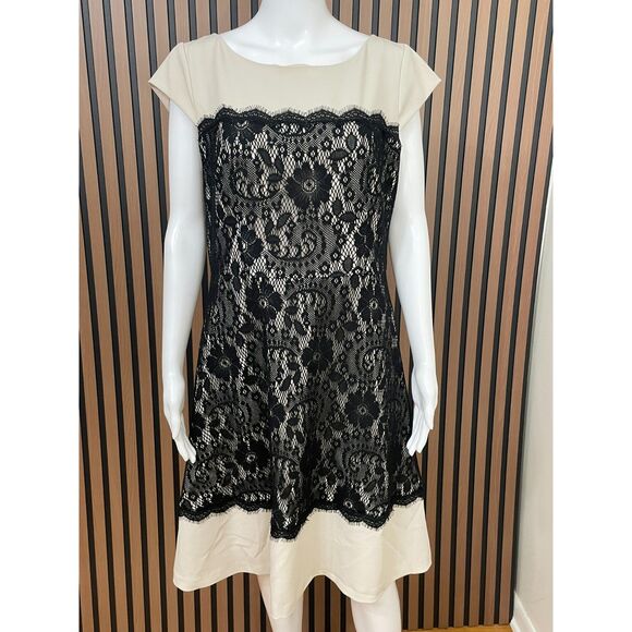 Adrianna Papell Women's Dress Midi Lace Detail Boho Cap Sleeve 12 Beige Paisley - Picture 1 of 9
